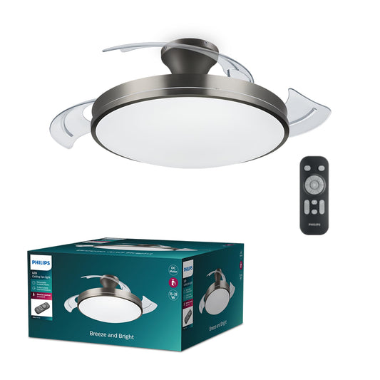 PHILIPS Atlas ceiling fan with retractable blades and LED lighting, 3 blades, 106 cm wingspan, 3 lighting levels, adjustable white light, ultra-quiet, model 2024, nickel - 8720169279148