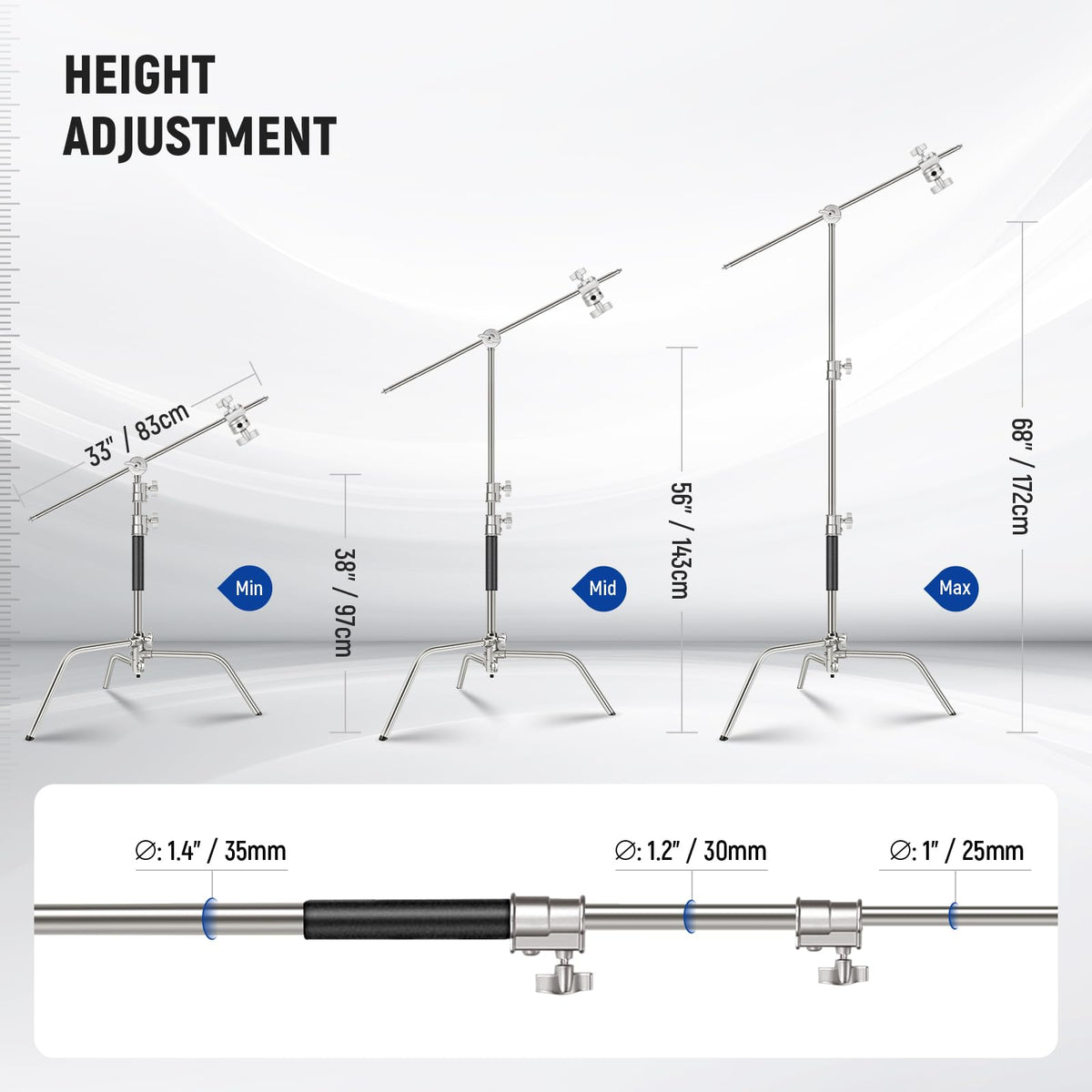 NEEWER Pro 100% Stainless Steel Heavy Duty C Stand with Boom Arm, SC172