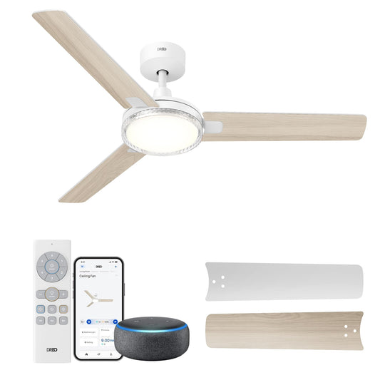 Ventilator de tavan inteligent DREO cu lumină, 52", 12 viteze și 3 moduri, temperatură continuă a culorii, LED reglabil, temporizator 1-12 ore, motor DC silențios, control prin aplicație și Alexa, întrerupător de perete, alb - DR-HCF004S