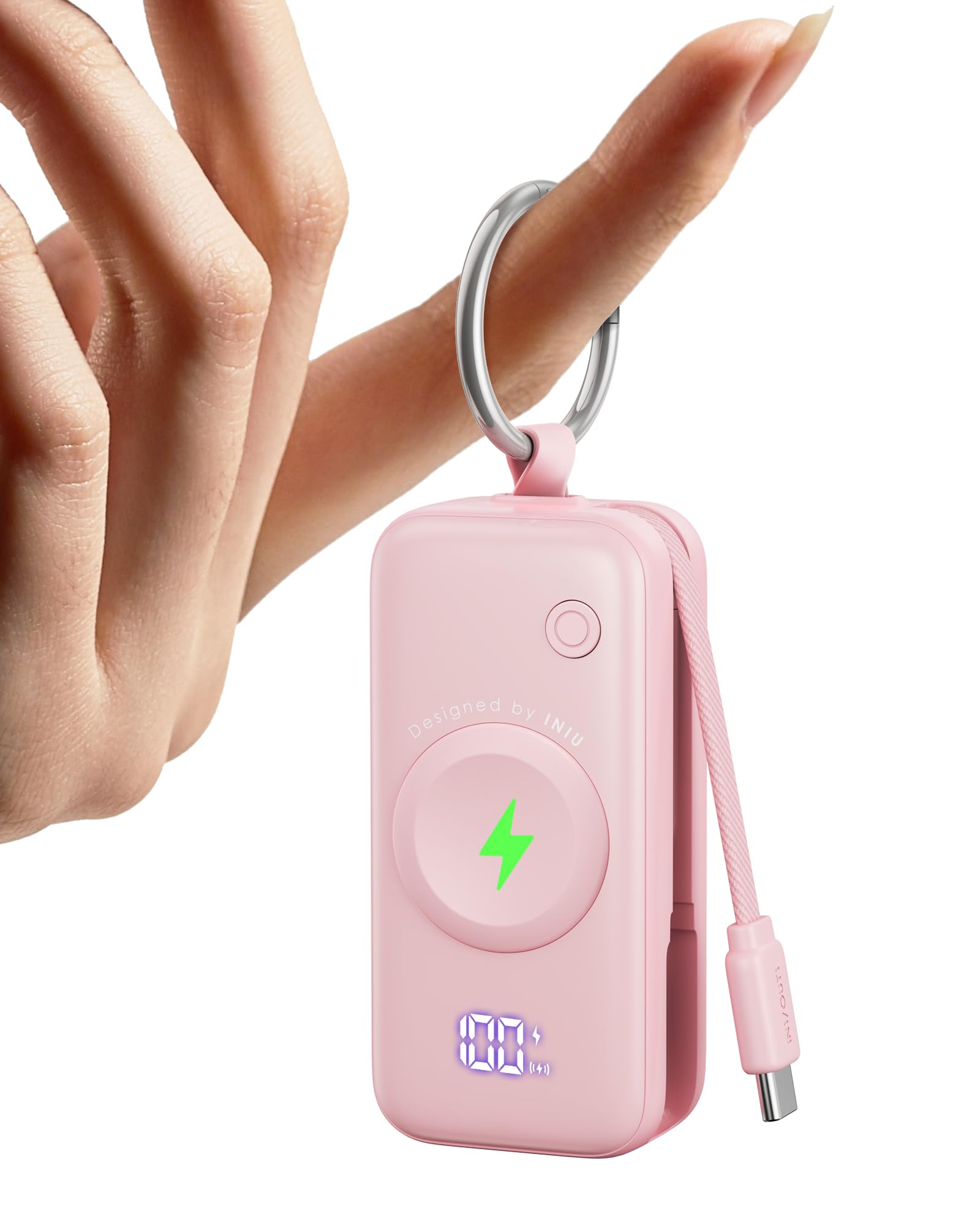 INIU Power Bank for Apple Watch, 5000mAh Power Bank with Built-in Cable, Slim Travel Keychain Battery Pack LCD Display for iWatch 10/9/8/Ultra2/Ultra/SE, iPhone 16/15 Pink - P81