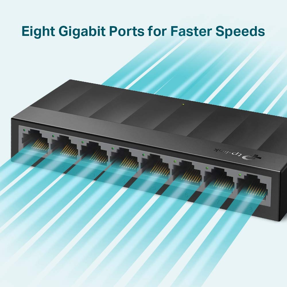 TP-Link LS1008G 8-Port Desktop Switch (8 x Gigabit Auto-Negotiation RJ45 Ports, IEEE 802.3X, Plug and Play, energy saving, plastic housing for easy table or wall mounting) black