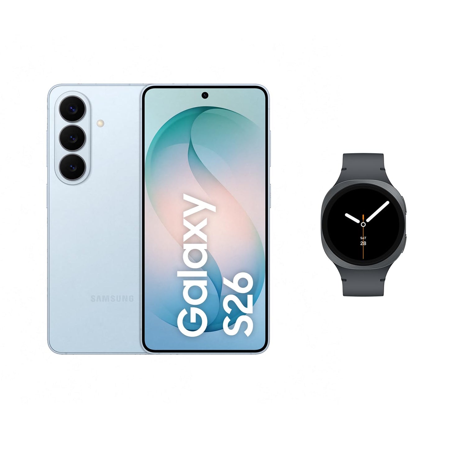 Samsung Galaxy S26 AI smartphone with Galaxy AI, no contract, mobile phone with Android, 12 GB RAM, 512 GB storage, AP processor, white, 3 year manufacturer's warranty, incl. Galaxy Watch8 40mm black