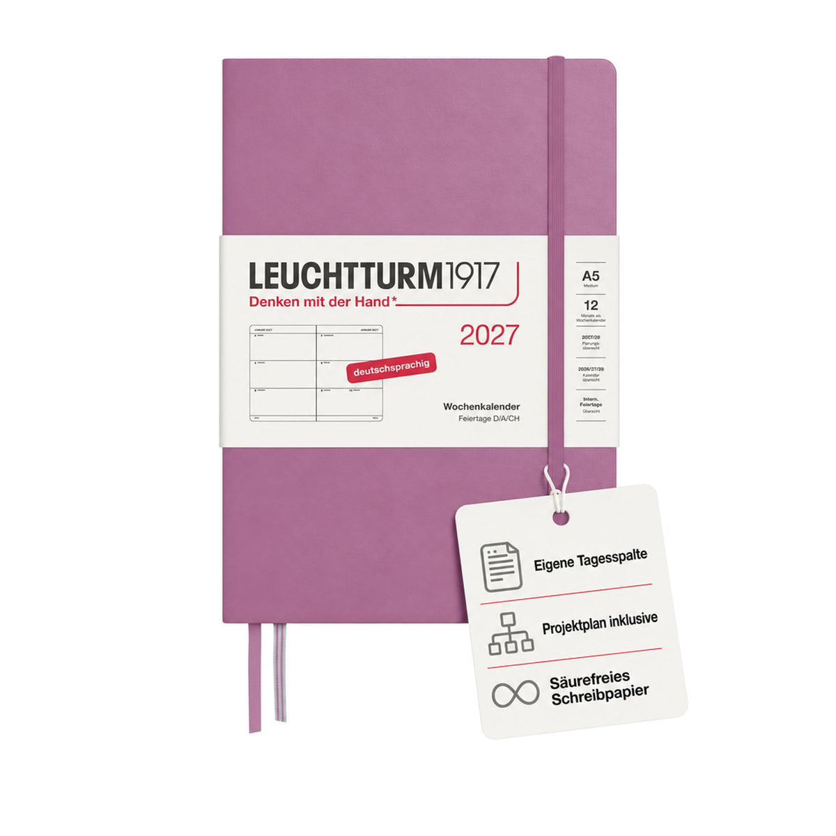 LEUCHTTURM1917 Calendar săptămânal 2027 Mediu (A5) - Germană, Dusty Rose, Hardcover, 145 x 210 mm, 12 luni - ianuarie-decembrie 2027, 1 săptămână pe pagină dublă, hârtie de 80 g/m² cu compatibilitate ridicată cu cerneală - 400102