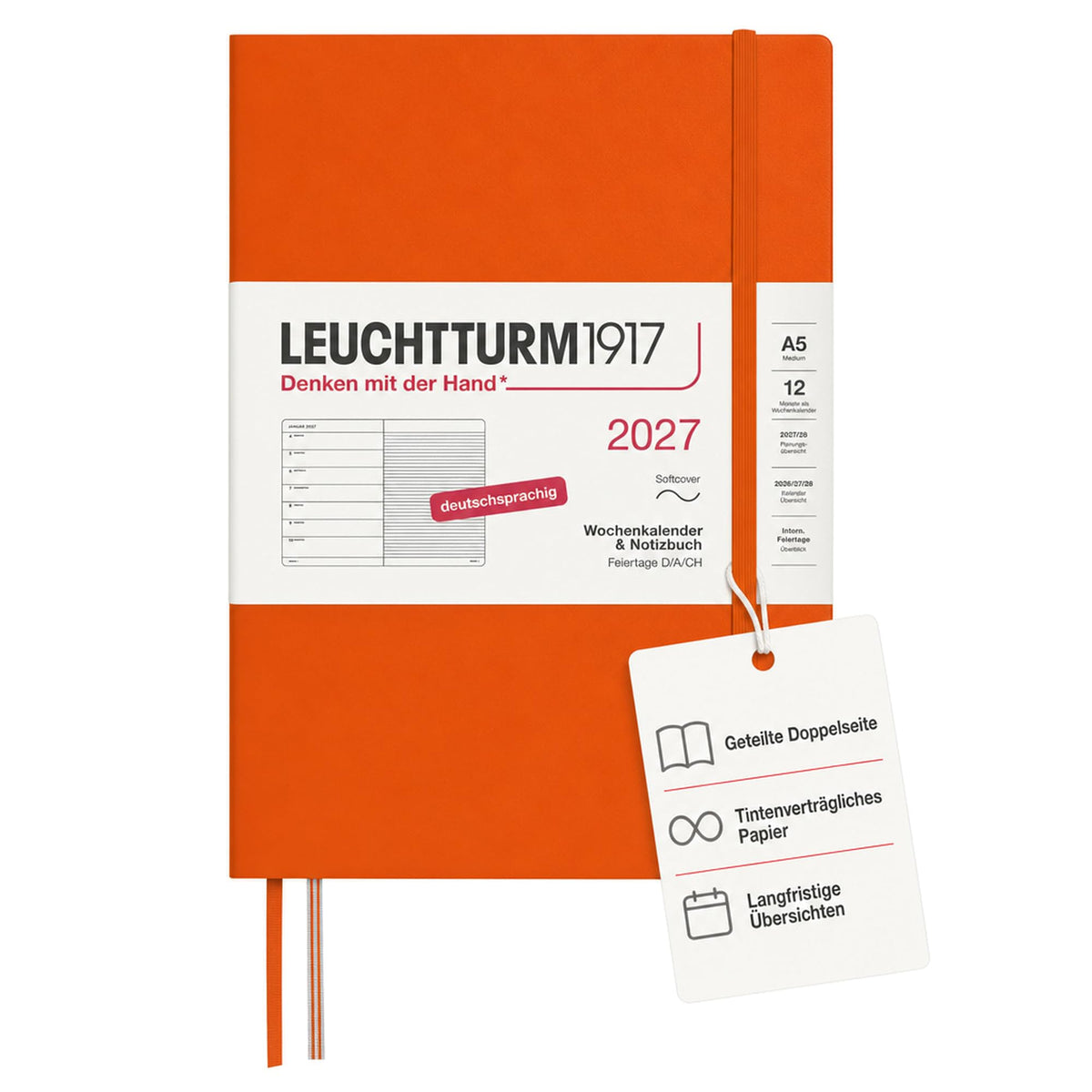 LEUCHTTURM1917 Weekly Calendar 2027 Medium (A5) with Notebook - Appointment Planner German, Pumpkin, Softcover, January-December 2027, Weekly Overview on the Left + Notes Page on the Right - 400069