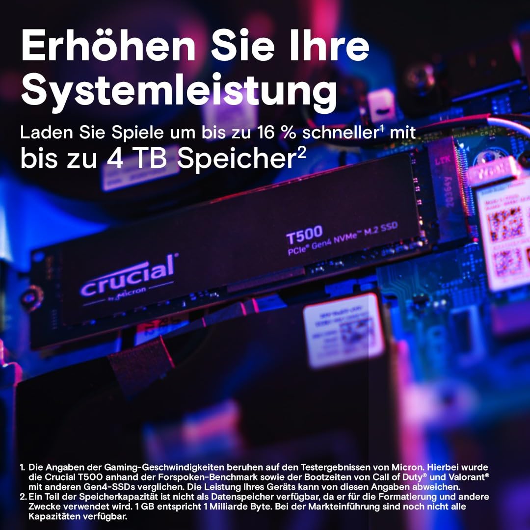 Crucial T500 SSD 1TB PCIe Gen4 NVMe M.2 Hard Disk Intern, până la 7300 MB/s, TLC NAND, compatibil cu laptopuri și desktopuri, Microsoft DirectStorage - CT1000T500SSD8