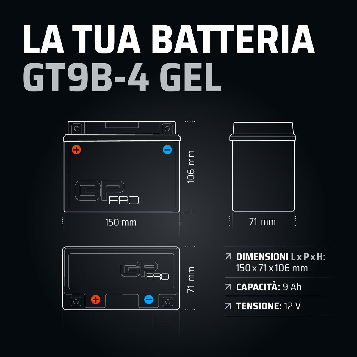GP-PRO Gel Battery GT9B-4 12 V 9 Ah 120 A Motorcycle Battery - GP-025