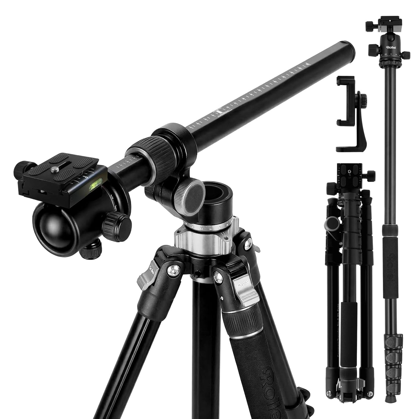 Rollei C5i compact, lightweight, all-round photo tripod made of aluminum, 4-in-1 tripod can be used as a tripod, macro tripod and monopod, Arca Swiss compatible, incl. Ball head and tripod bag - titanium - 20828