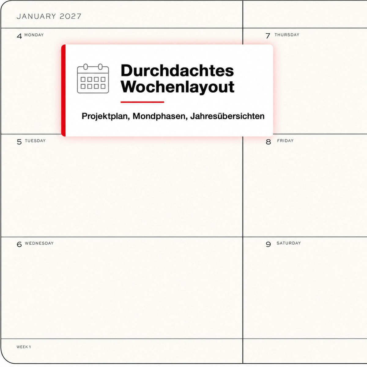 LEUCHTTURM1917 Calendar săptămânal 2027 Mediu (A5) - Engleză, Cireș, Hardcover, 145 x 210 mm, 12 luni - ianuarie-decembrie 2027, 1 săptămână pe pagină dublă, hârtie de 80 g/m² cu compatibilitate ridicată cu cerneală - 400270