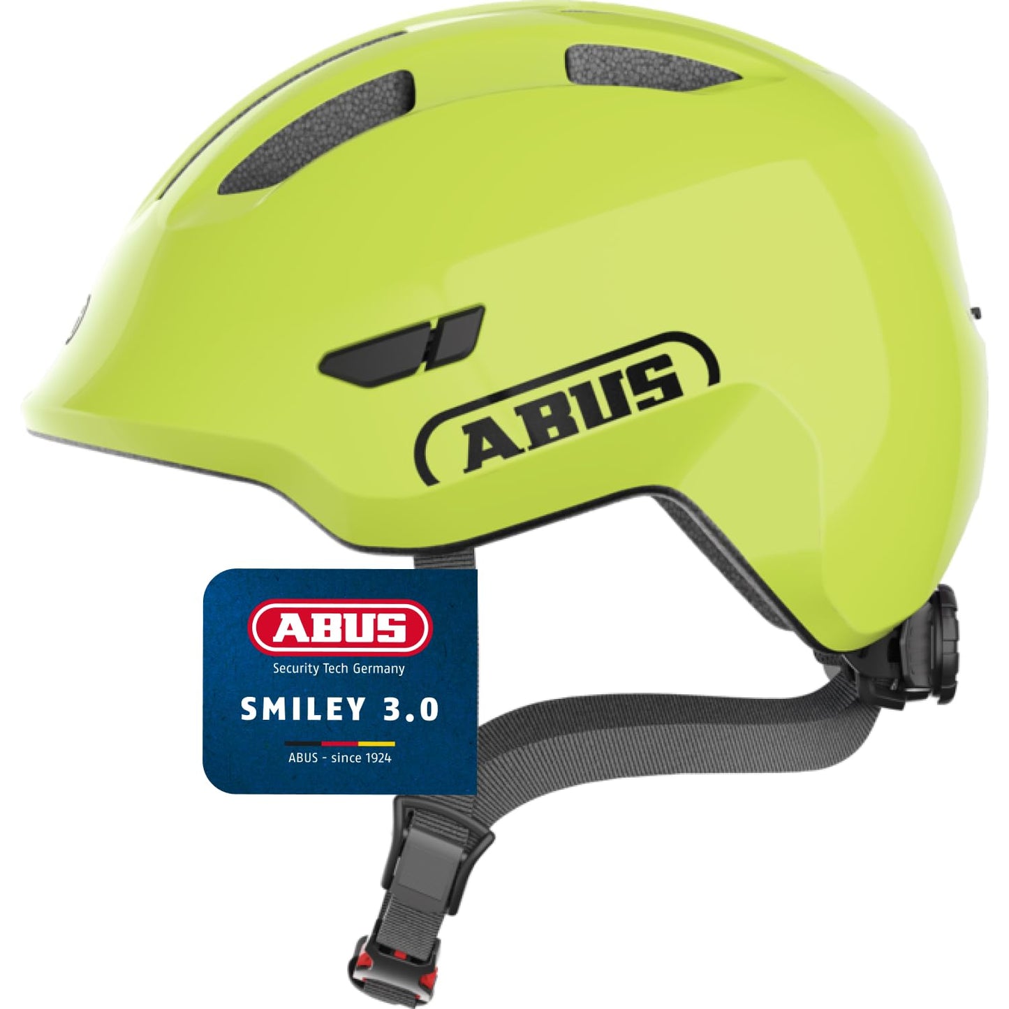 ABUS children's helmet Smiley 3.0 - bicycle helmet with a deep fit, child-friendly designs and space for a braid - for girls and boys - shiny yellow, size M - 67278