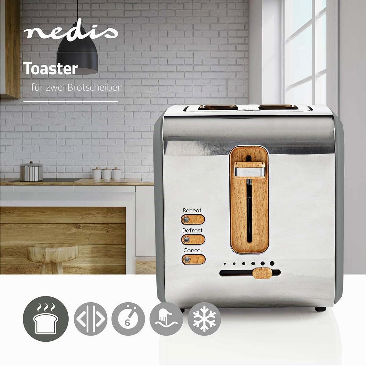 Nedis Soft Touch Toaster for 2 slices of toast, bagels, or muffins – With 6 browning levels, reheat, defrost, and cancel functions – Gray - KABT510EGY