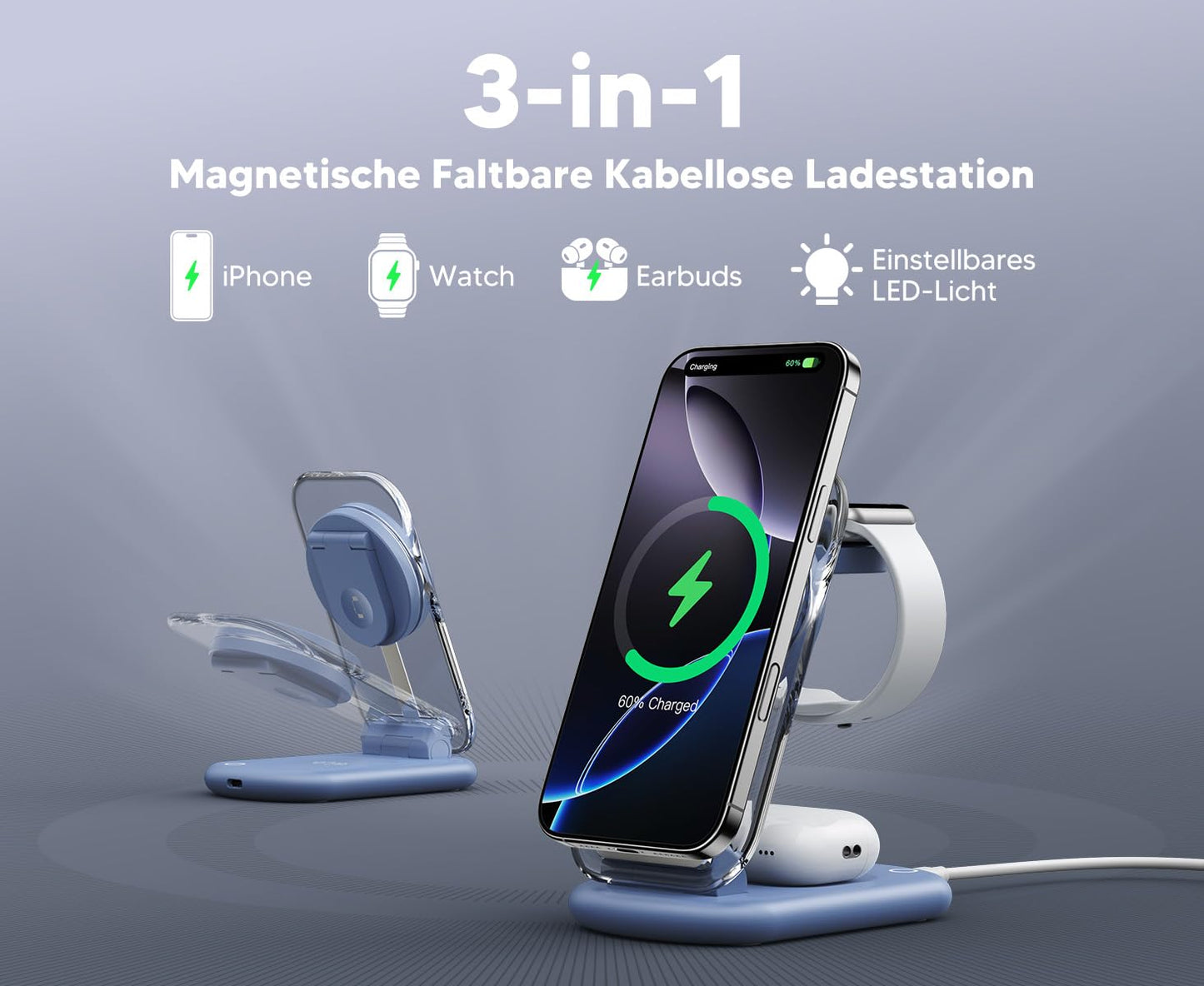 Mag Safe charger, charging station and iPhone, 3 in 1 Mag Safe charging station compatible with iPhone 17e 17 16 15 14 13 12 Pro Max/Air/Plus/Pro, for Apple Watch 10/9, Airpods 3/2/Pro, foldable - T618-F