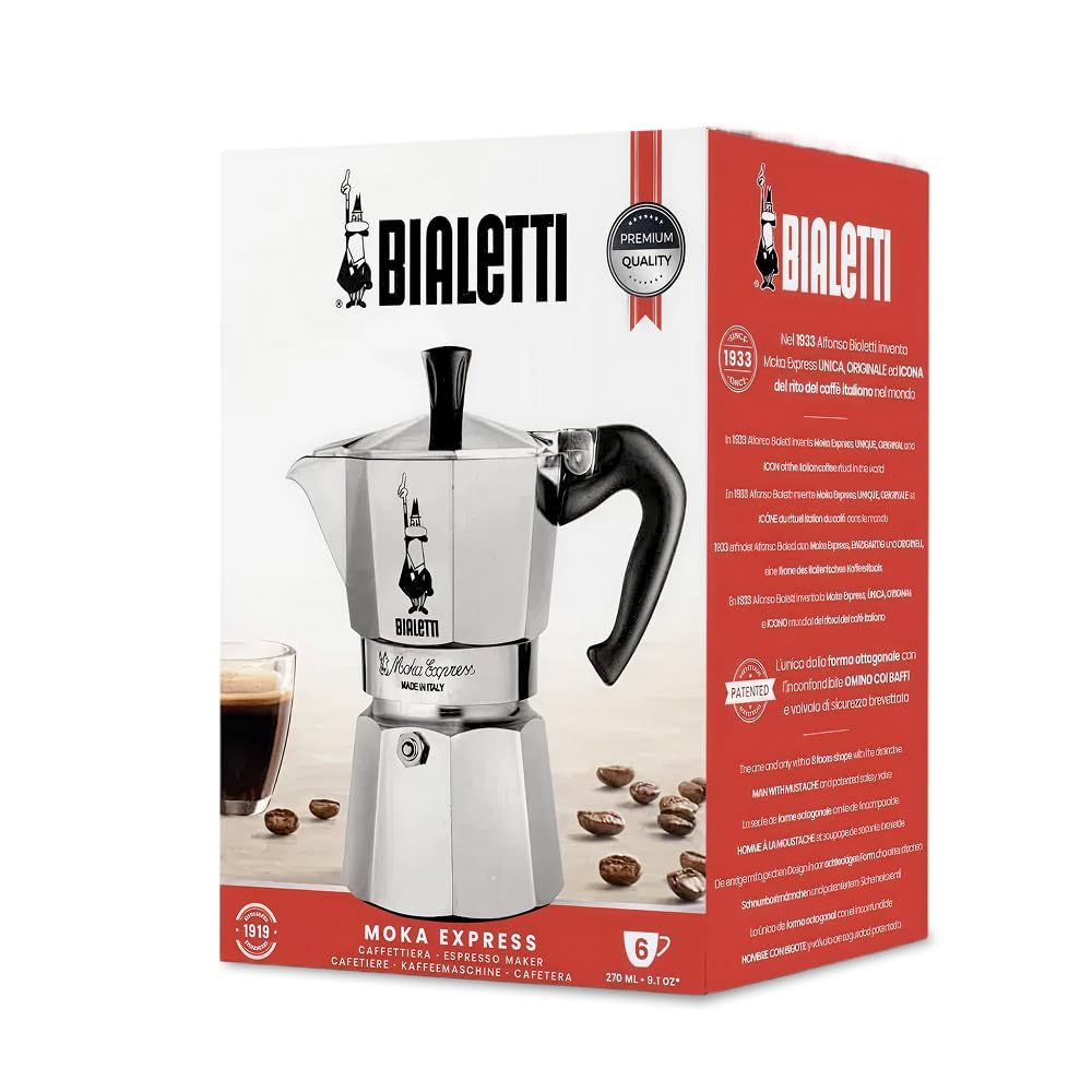 Bialetti Moka Express Iconic Stovetop Espresso Machine, Aluminum, 270ml, Silver/Black - 6800