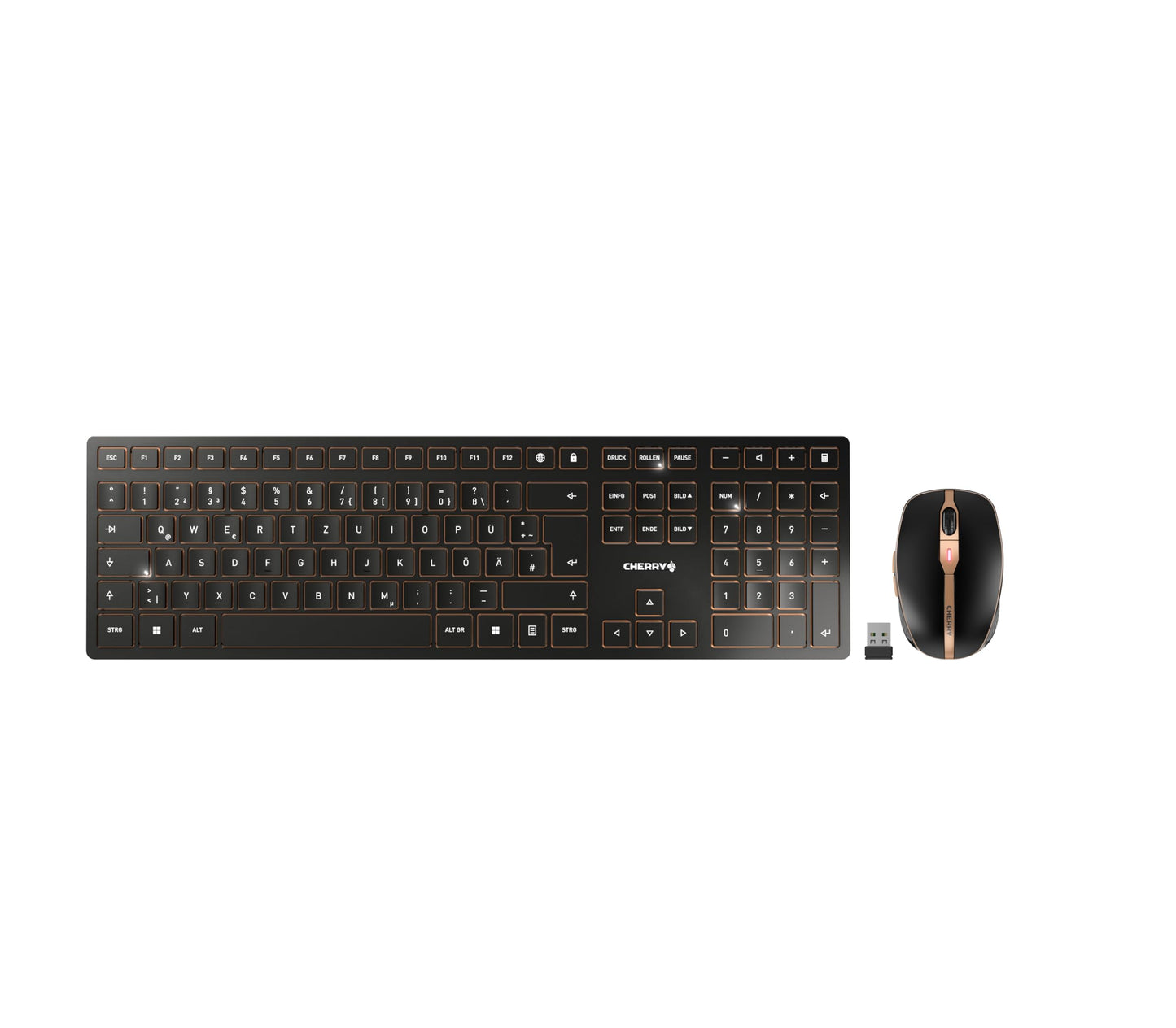 CHERRY DW 9100 Slim, wireless keyboard and mouse set, German layout (QWERTZ), Bluetooth & 2.4 GHz radio, quiet keys, rechargeable, black-bronze - JD-9100DE-2