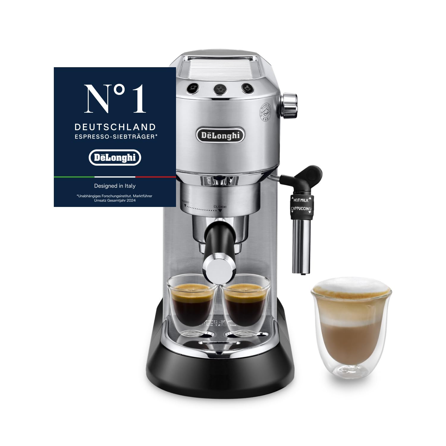De'Longhi Dedica Style - Aparat de cafea espresso compact cu portafiltru, cu butoane, sistem manual de spumare a laptelui pentru espresso și cappuccino, compatibil cu capsule ESE, lățime 15 cm, metal (EC685.M) - 0132106324