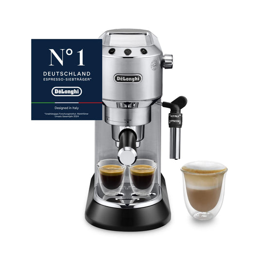 De'Longhi Dedica Style - Perfetto compact portafilter machine espresso machine with buttons, manual milk frother for espresso and cappuccino, ESE pad suitable, 15cm wide, metal (EC685.M) - 0132106324