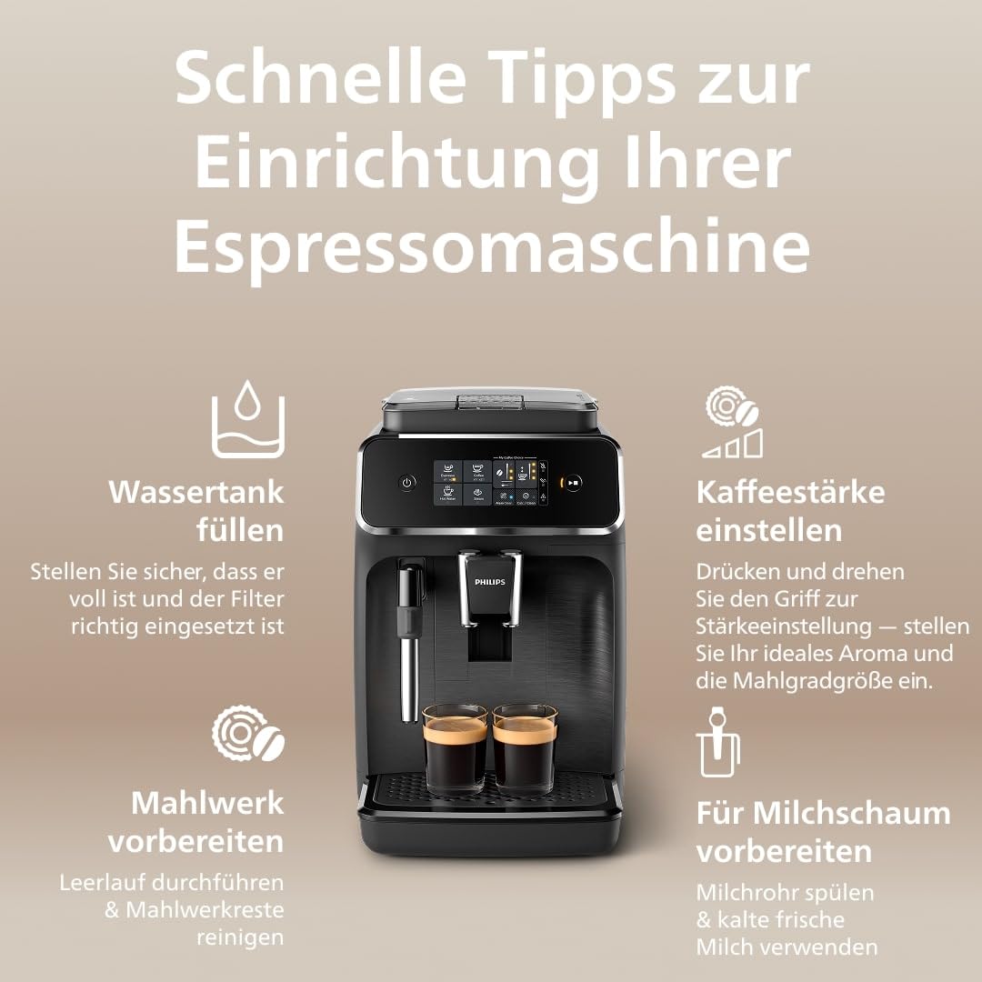 Philips 2200 Series fully automatic coffee machine - 2 coffee specialties, touch display, classic milk frother, ceramic grinder, matt black (EP2220/10)
