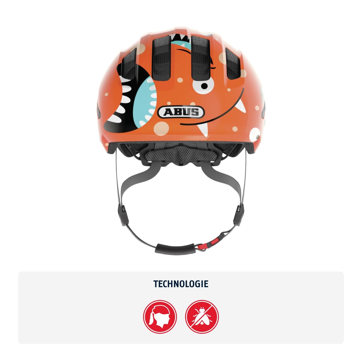 ABUS children's helmet Smiley 3.0 - bicycle helmet with a deep fit, child-friendly designs & space for a braid - for girls and boys - orange with monster pattern, size M - 67266
