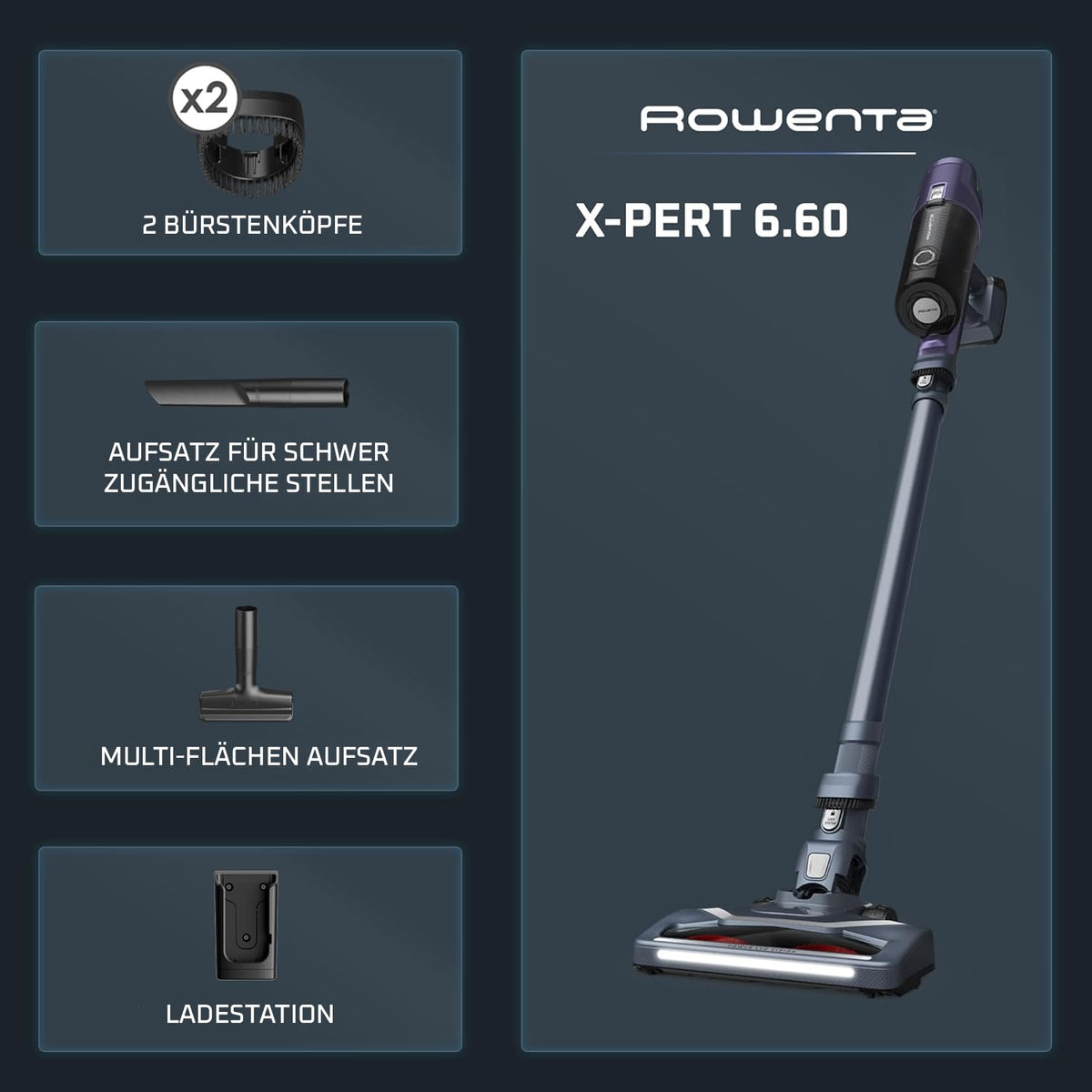 Rowenta X-Pert 6.60 Essential Aspirator fără fir, 100 W putere, 45 minute autonomie, fără sac, cap de perie cu LED, baterie detașabilă, inclusiv duză pentru crăpături și suport de perete, violet/negru, RH6838