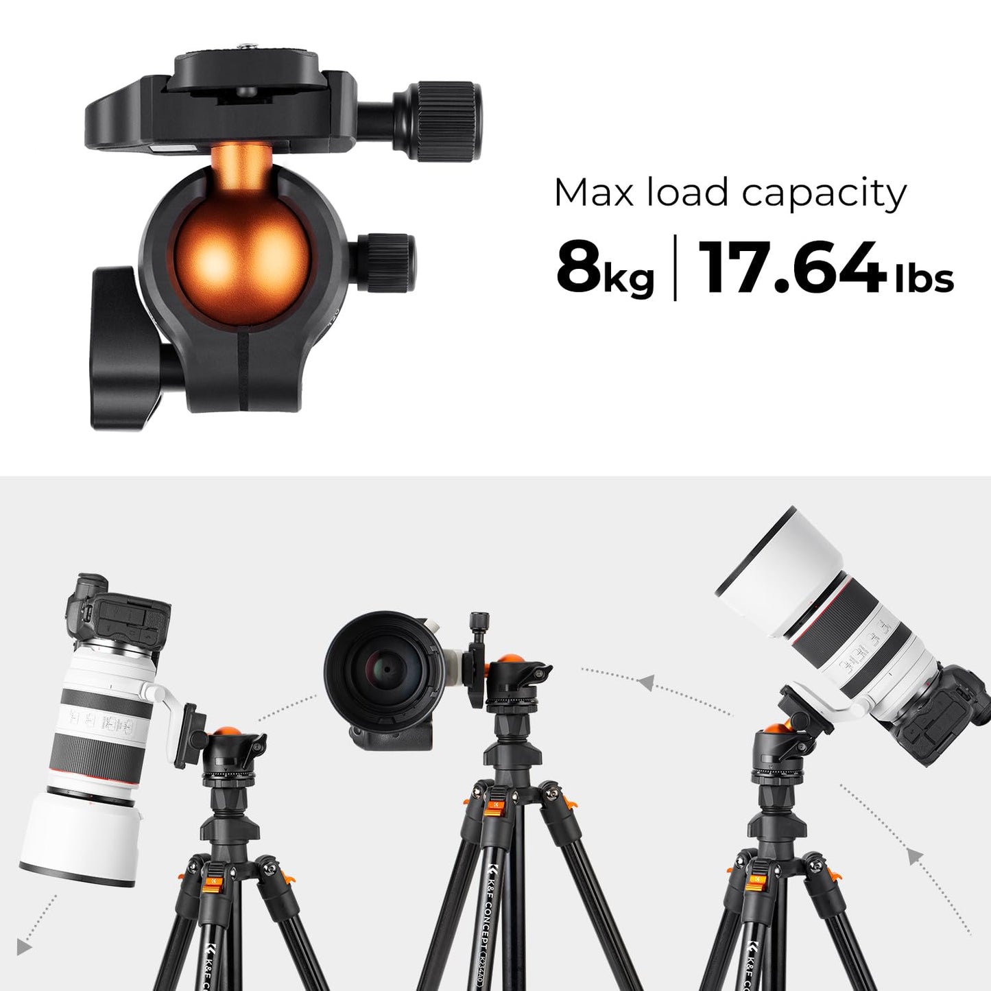 K&F CONCEPT O234A1 mobile phone tripod, 163cm camera tripod, tripod for on the go, tripod for smartphone with mobile phone holder, aluminum travel tripod - K234A0+BH-28L