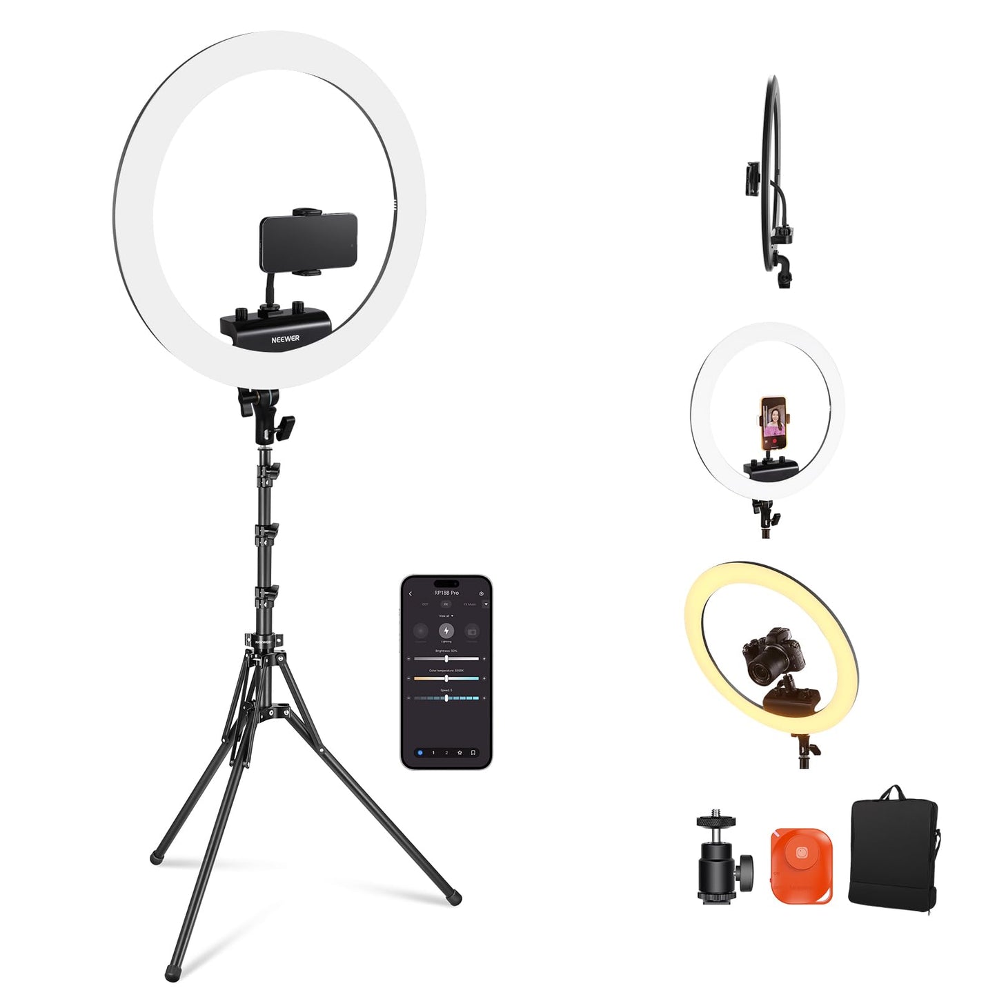 NEEWER Professional Ring Light with Stand and Phone Holder, 18" Ultra Thin, 45W 2900K-7000K TLCI98, Remote Shutter and App Control, Softer Lighting for Make Up Live Stream TikTok, RP18B Pro - 10103018