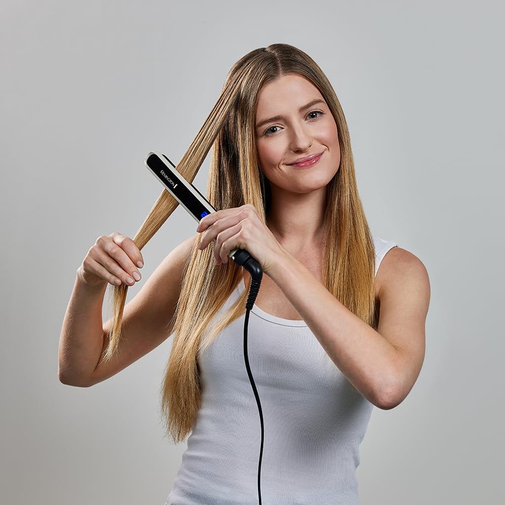 Remington Straightener [Test Winner] Pearl (high-quality ceramic coating with real pearls for even heat distribution) LCD display, 150-235°C, including storage bag, hair straightener S9501