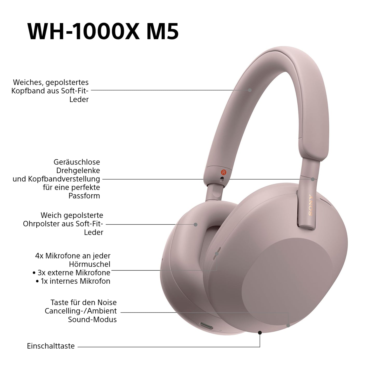 Sony WH-1000XM5 wireless over-ear headphones, active noise canceling at premium level with spatial 3D audio, transparency mode, up to 30 hours of battery life, Bluetooth, smoky pink - WH1000XM5P.CE7