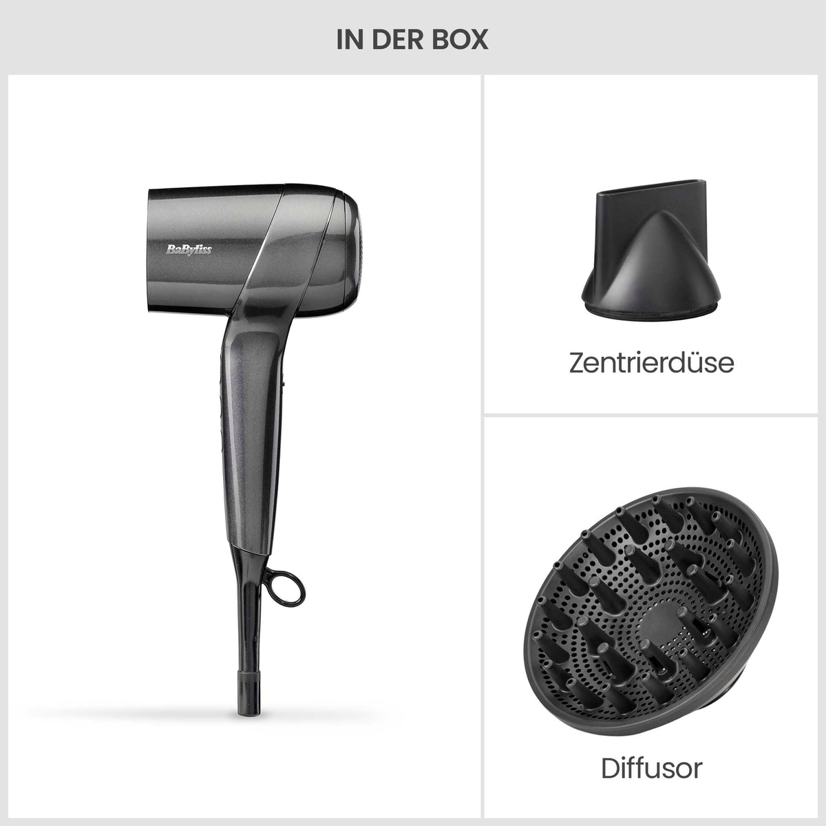 BaByliss Titanium Shine 1600W Uscător de păr cu difuzor – Uscător de păr puternic și compact, design ergonomic, tehnologie cu ioni împotriva frizz-ului, 3 niveluri de căldură și 3 viteze ale aerului, argintiu, D6200DE
