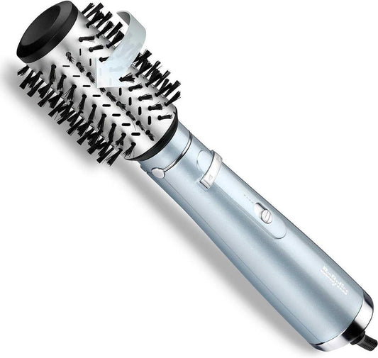 BaByliss Hydro Fusion rotating hot air brush with anti-frizz technology provides moisture and shine, hair dryer brush with ion technology, 1 attachment for volume and fullness, ice blue, AS773E