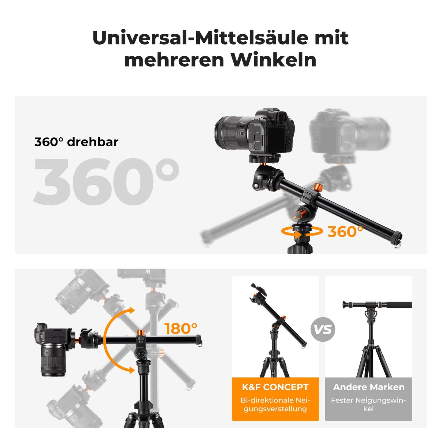 K&F CONCEPT O234A1 camera tripod with extension arm, 195cm mobile phone tripod, tripod for on the go, tripod for smartphone with mobile phone holder, aluminum travel tripod with BH-36 ball head - K234A0+BH-28L+Auslegearm