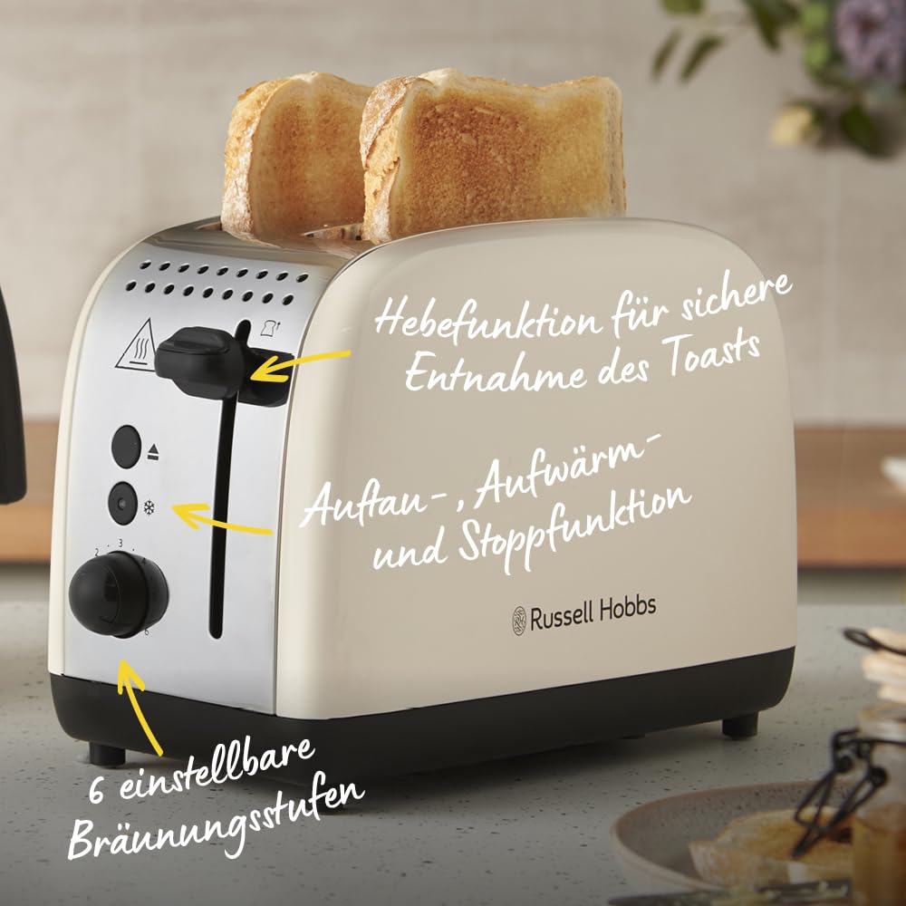 Russell Hobbs Toaster [for 2 slices] Colours Plus Jasmine (6 browning levels, wide toast slot, quick toast, lift function, bun warmer, defrost, reheat & stop function, 1100W) 26930-56