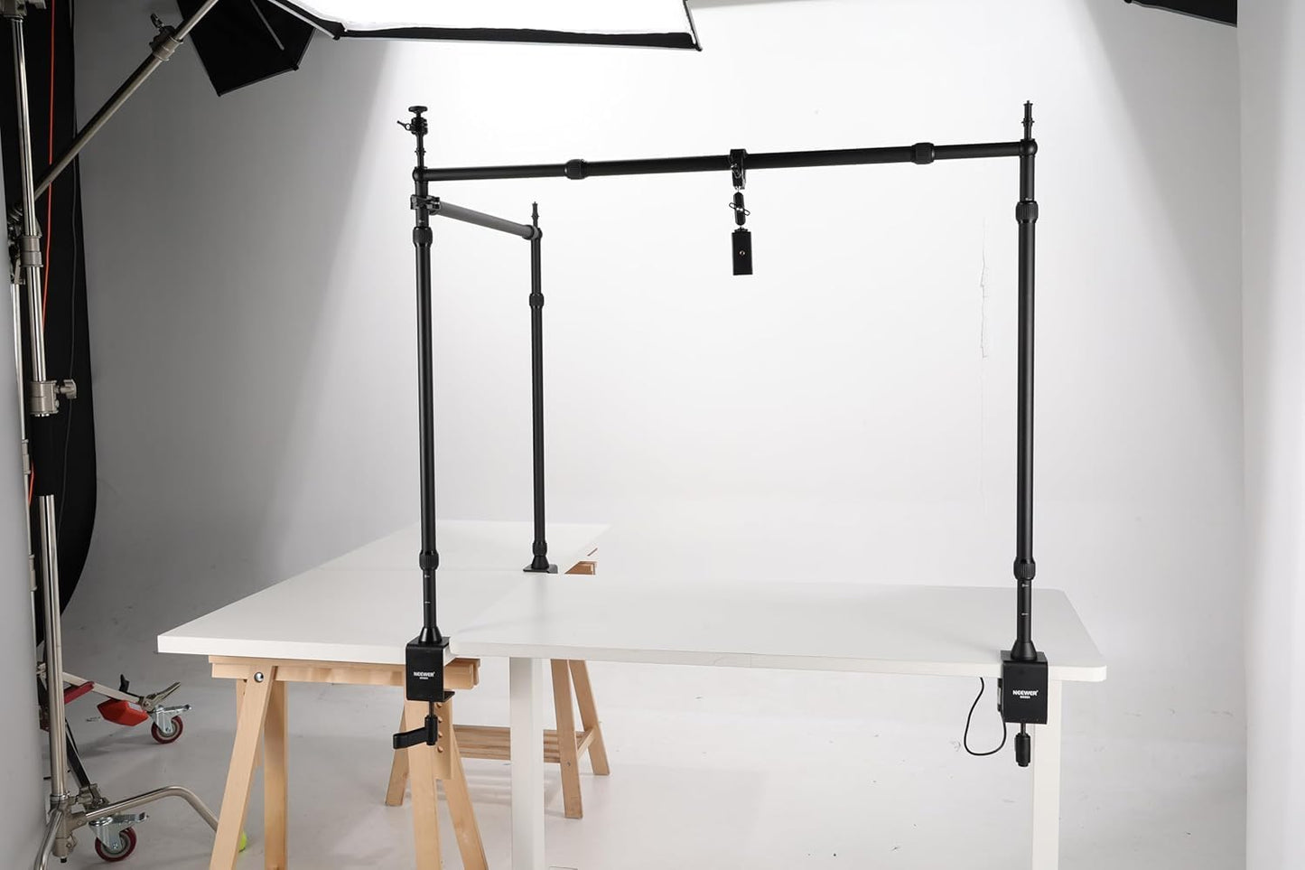 NEEWER Overhead Camera Mount Table Mount with Dual Ball Head Super Clamp/Mobile Phone Holder/C Clamp for Desktop Recording from Top to Bottom, Metal Multi Device Mounting Platform for Photography, NK003