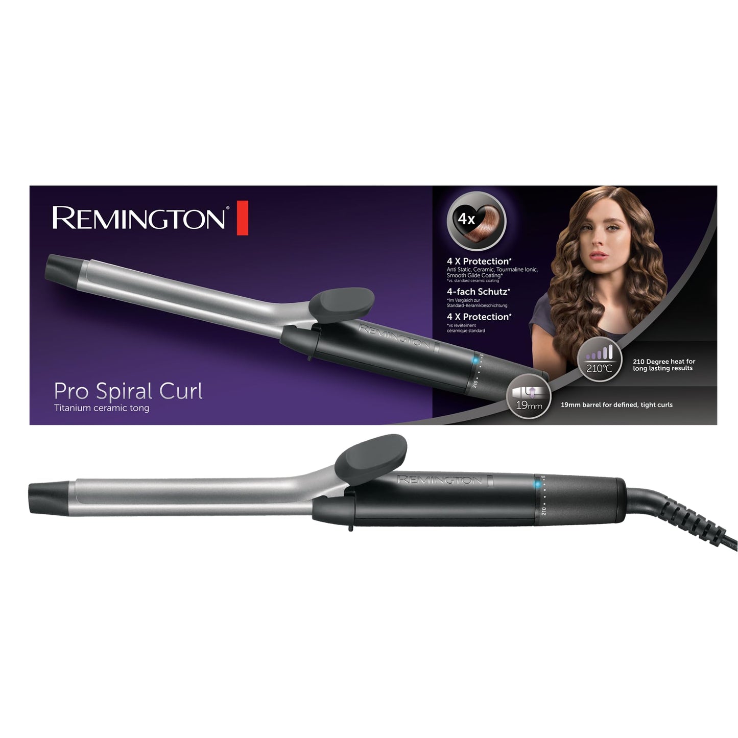 Remington curling iron small curls [19mm] Pro Sprial Curl (4-fold protection, antistatic ceramic tourmaline coating) -Digital display up to 210°C, with clamp, tight & defined ringlets, CI5519