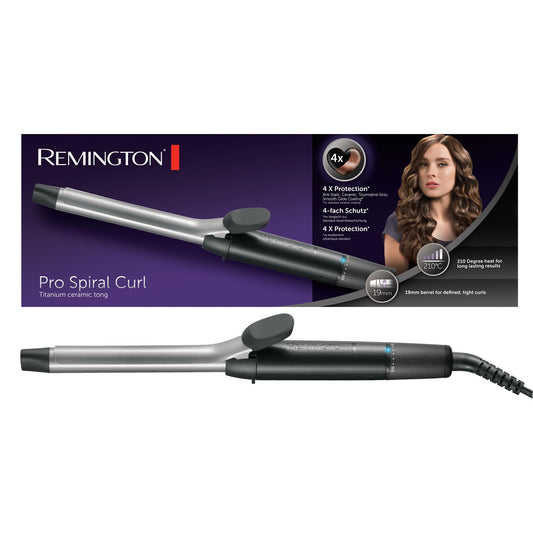 Remington curling iron small curls [19mm] Pro Sprial Curl (4-fold protection, antistatic ceramic tourmaline coating) -Digital display up to 210°C, with clamp, tight & defined ringlets, CI5519