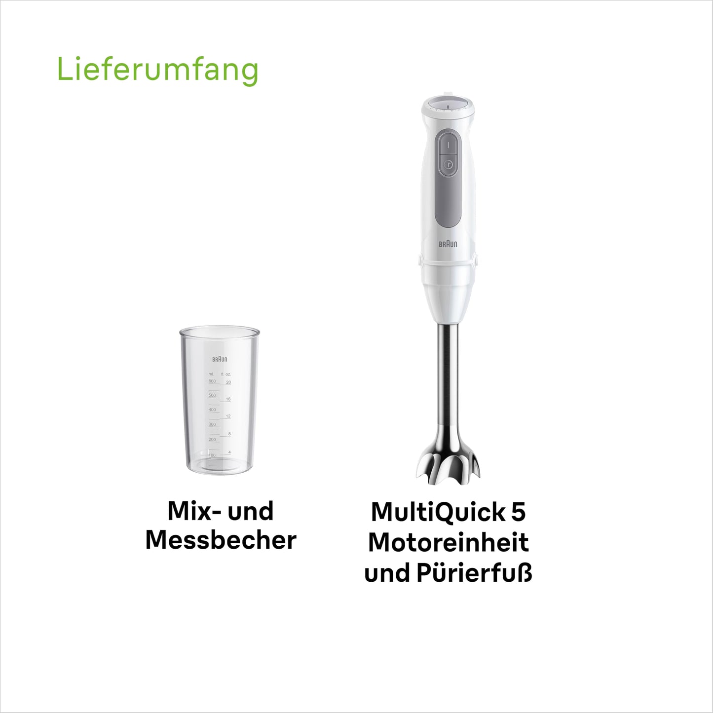 Braun hand blender MultiQuick 5 MQ 50001 M, 1000W, 21 speed levels + turbo, stainless steel puree foot, Easy Click System, SplashControl, incl. 600ml cup, white - MQ50001M