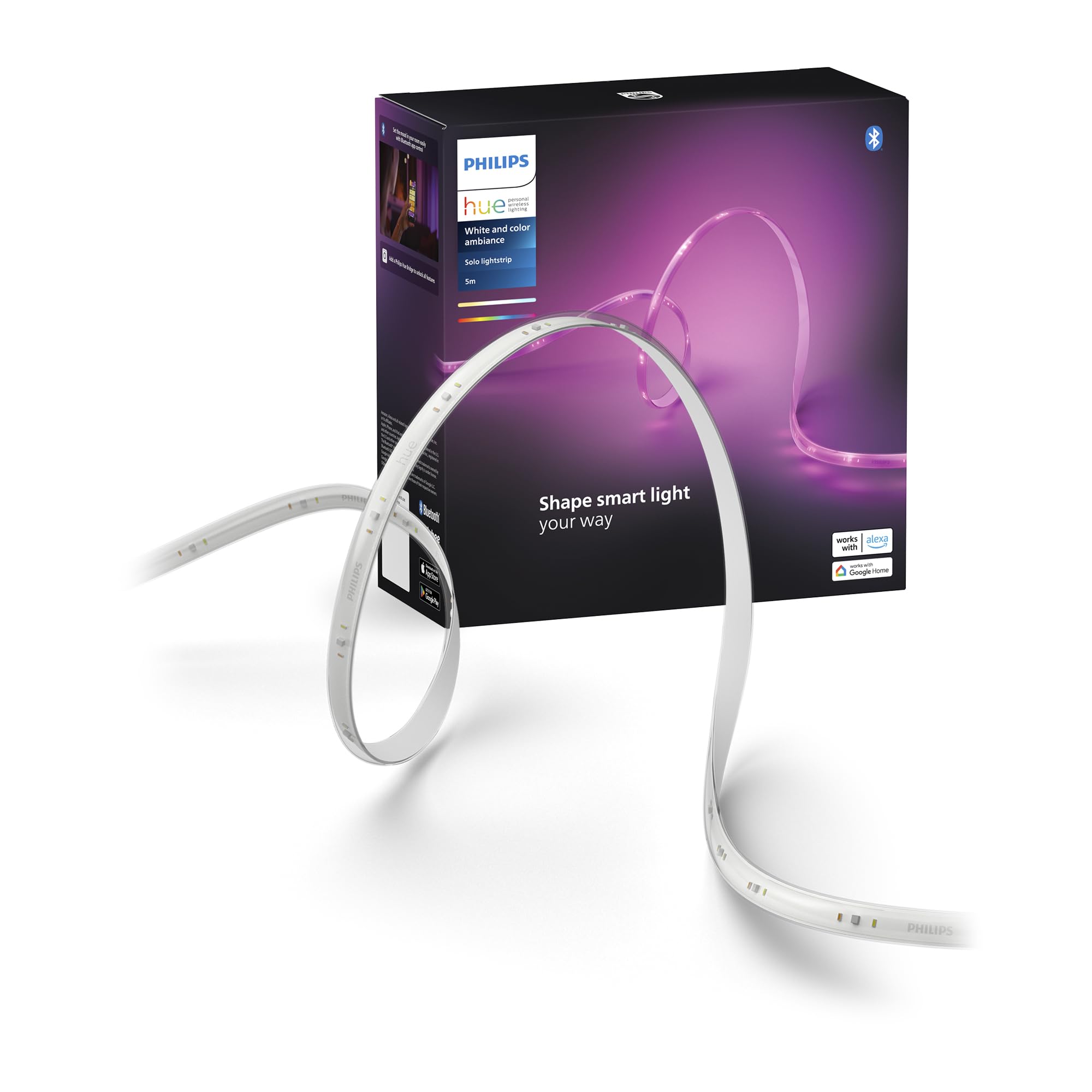 Philips Hue Indoor 5m Smart LED Solo Lightstrip basic set, pack of 1, indirect lighting can be controlled with the Hue app, LED strip works with Alexa, Google Assistant and Apple HomeKit - 8720169326699