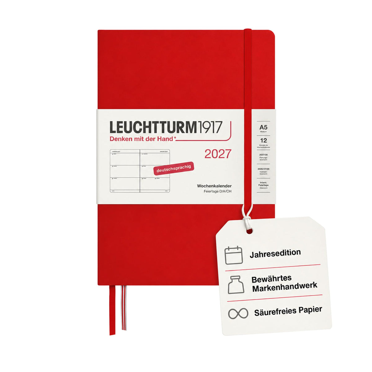 LEUCHTTURM1917 Calendar săptămânal 2027 Mediu (A5) - Germană, Cireș, Hardcover, 145 x 210 mm, 12 luni - ianuarie-decembrie 2027, 1 săptămână pe pagină dublă, hârtie de 80 g/m² cu compatibilitate ridicată cu cerneală - 400103