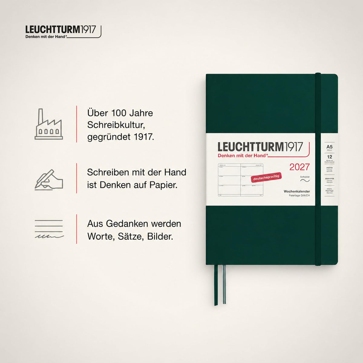 LEUCHTTURM1917 Calendar săptămânal 2027 mediu (A5) - germană, verde pădure, copertă moale, 12 luni - ianuarie-decembrie 2027, 1 săptămână pe pagină dublă, hârtie de 80 g/m² cu compatibilitate ridicată cu cerneală - 400131
