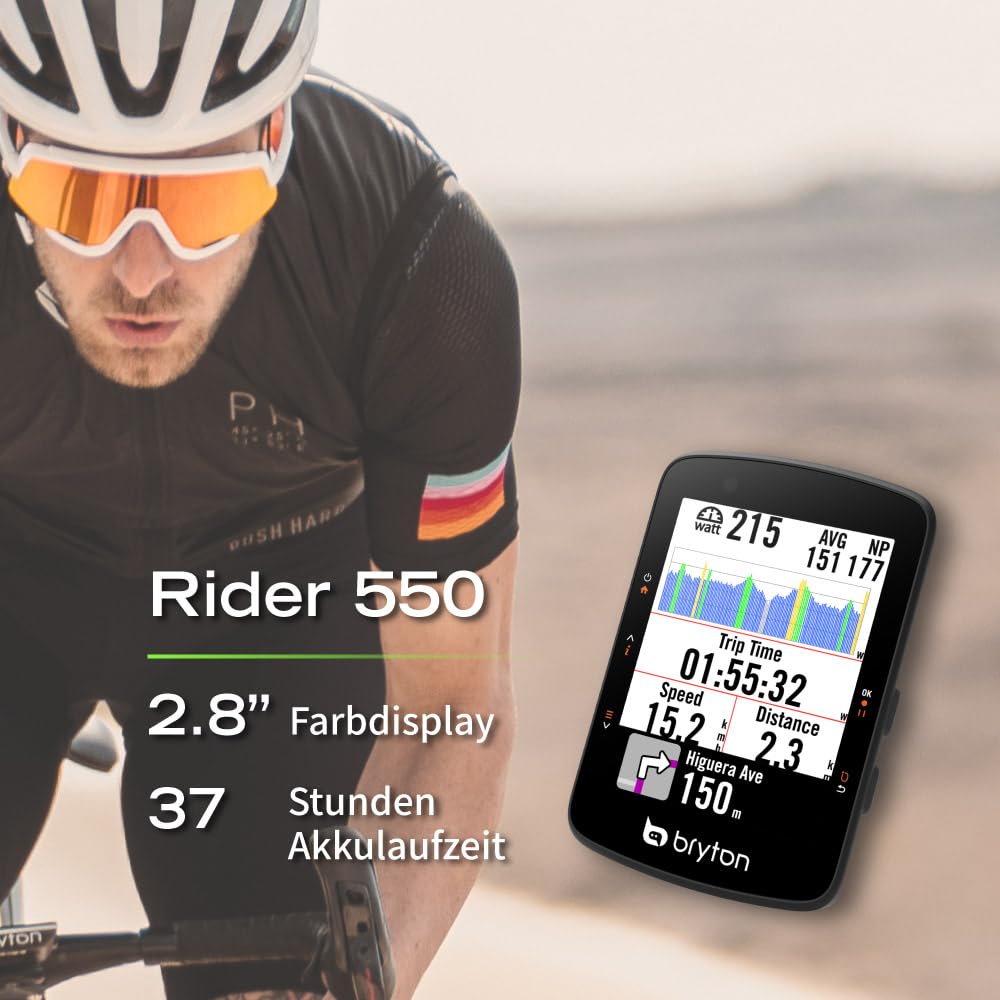 Bryton Rider 550 GPS bike computer sensor bundle with 37 hours battery life, 2.8-inch color display, and bike navigation.