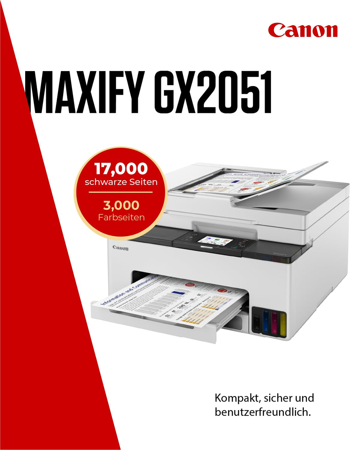 Canon MAXIFY GX2051 Imprimantă cu jet de cerneală 4-in-1 Multifuncțională DIN A4 (Imprimantă, Scanner, Copiator, Fax, ADF, 600x1200 DPI, WLAN, USB, Imprimare duplex, Casetă de 250 de coli) Include 6 x Sticle de cerneală