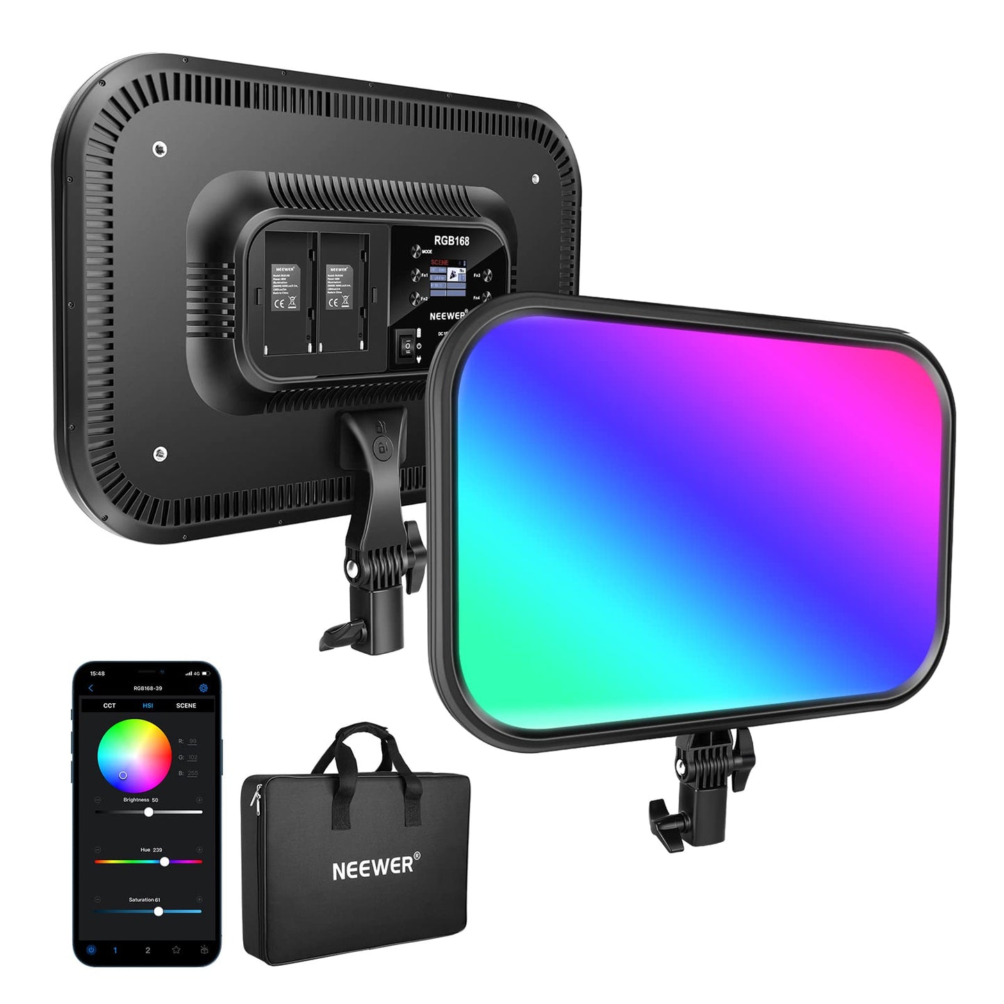 NEEWER RGB168 18.3" 60W RGB LED Video Light Panel with APP Control 360° Full Color Dimmable 2500K~8500K Video Photo Light CRI/TLCI 97+ with 17 Special Scenes Effect Studio Continuous Light Photography Key Light - 10100509
