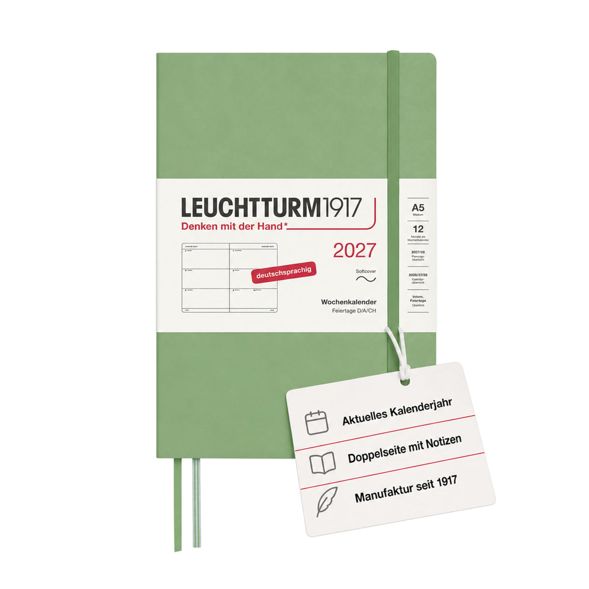 LEUCHTTURM1917 Calendar săptămânal 2027 mediu (A5) - germană, salvie, copertă moale, 145 x 210 mm, 12 luni - ianuarie-decembrie 2027, 1 săptămână pe pagină dublă, hârtie de 80 g/m² cu compatibilitate ridicată cu cerneală - 400130