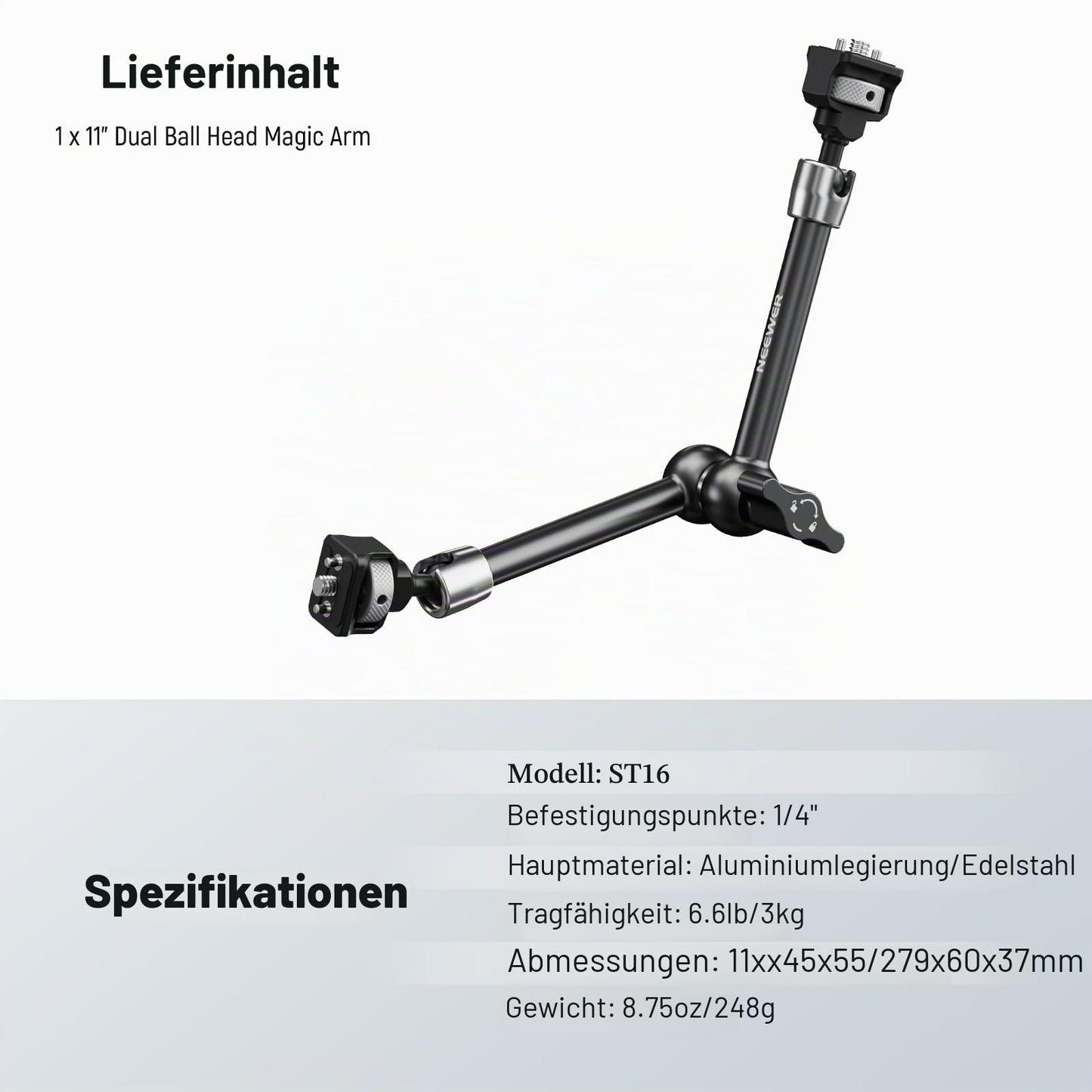NEEWER 11" joint magic arm, 360° ball heads positioning pins for camera monitor mount with 1/4" screws for DSLR action camera monitor video light compatible with SmallRig Cage Rig ST16