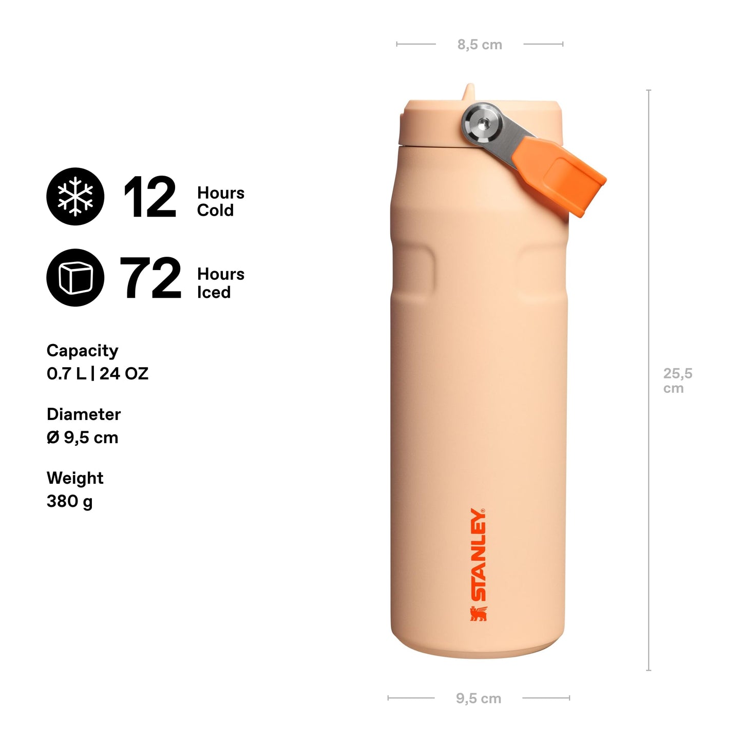 Stanley 1913 Flip Straw 2.0 Drinking Bottle with Straw 0.7L - Thermal Mug Cools for 10 Hours - 3 Days Ice Cold - BPA Free - Leakproof - For Drink Holders - Dishwasher Safe - Orange Sherbert - 100000127824