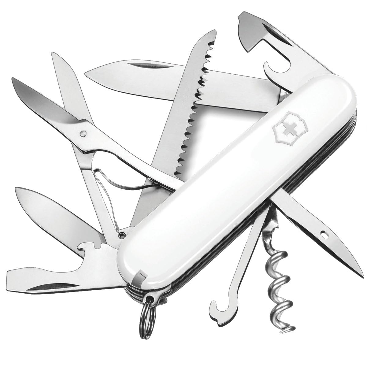 Victorinox Swiss pocket knife Huntsman, multitool, Swiss Army knife with 15 functions, blade, corkscrew, can opener, folding box, white - 1.3713.7