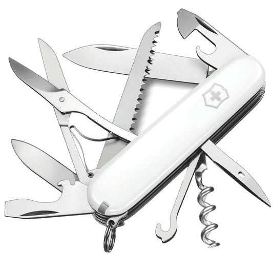 Victorinox Swiss pocket knife Huntsman, multitool, Swiss Army knife with 15 functions, blade, corkscrew, can opener, folding box, white - 1.3713.7