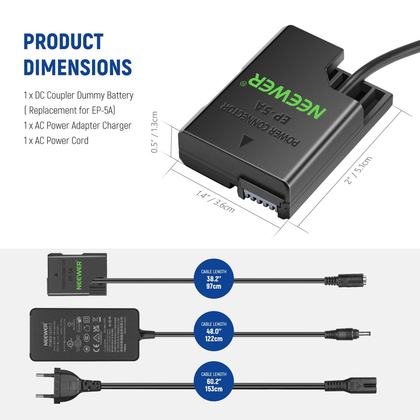 NEEWER EP 5A AC Power Supply Adapter and DC Coupler Dummy Battery Charger Set Replaces EN EL14 Battery, Compatible with Nikon D5600 D3300 D3500 D5100 D5500 D3100 D3200 D3400 D5200 D5300 Df Camera - 10101338