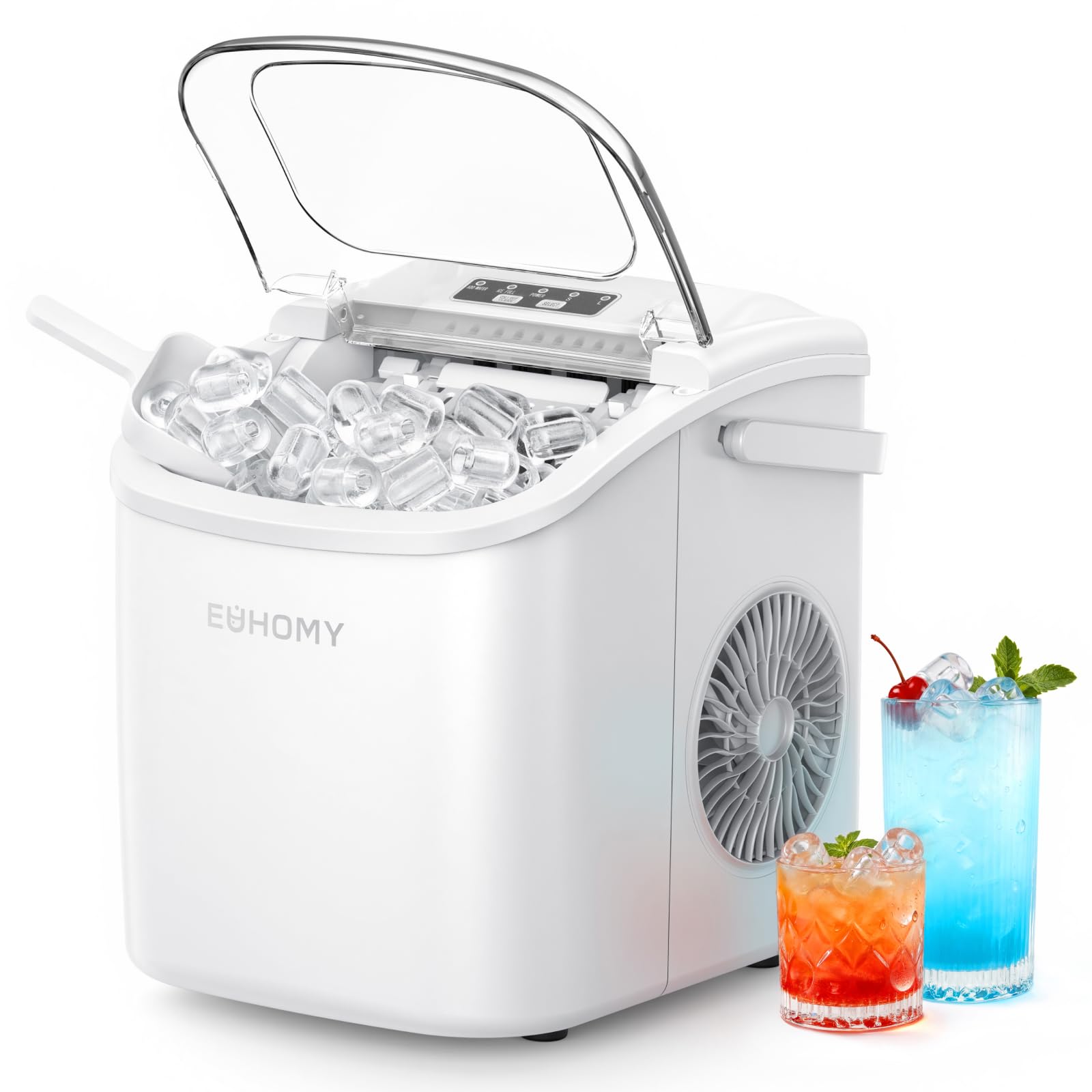 EUHOMY Ice cube machine, small ice cube machine, 9 ice cubes in 6 minutes, self-cleaning ice cube machine, with carrying handle and ice basket, 12 kg/day, suitable for kitchen, home, camping, RV, white - B0DG8Q7R6B