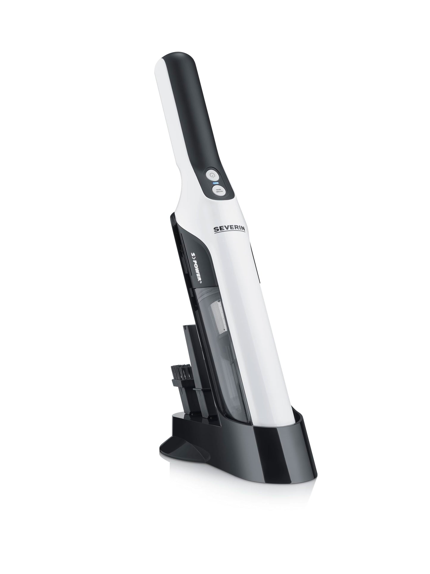 Severin cordless handheld vacuum cleaner, quiet animal hair vacuum cleaner with furniture attachment for furniture and keyboards, wireless handheld vacuum cleaner with battery for up to 30 minutes running time, matt white/black, HV 7140