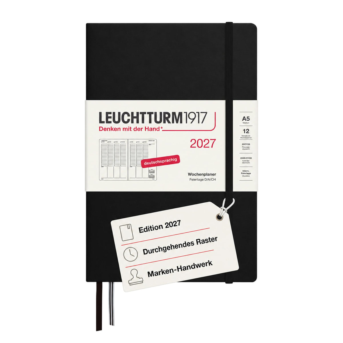 LEUCHTTURM1917 weekly planner 2027 medium (A5) - German, black, 210 x 145 mm, January-December (12 months), weekly overview with hourly grid 7:00-22:00 per column, hardcover, 80 g/m² paper - 400145