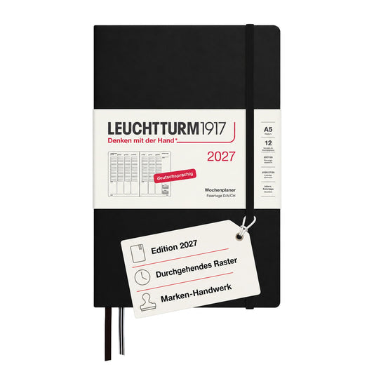 LEUCHTTURM1917 weekly planner 2027 medium (A5) - German, black, 210 x 145 mm, January-December (12 months), weekly overview with hourly grid 7:00-22:00 per column, hardcover, 80 g/m² paper - 400145